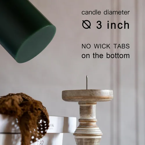 Miniatura 4 de MOZEAL Juego de 2 velas grandes sin perfume vertidas a mano de 3" x 8", velas pilares rústicas sin humo, combustión lenta, sin goteo, Verde Oscuro