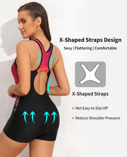 Miniatura 55 de beautyin - Traje de baño para mujer, traje de baño aeróbico y de competición de una pieza, estilo pantalón corto