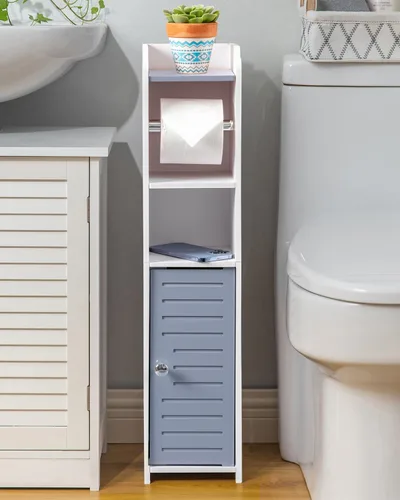 Miniatura 9 de AOJEZOR - Soporte de papel higiénico: gabinete pequeño de almacenamiento para baño - Negro - Bambú Blanco/Bambú