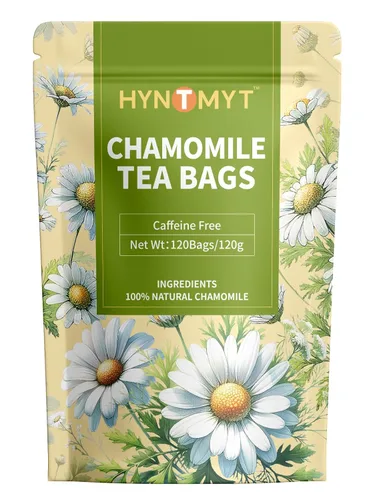HYNTMYT Bolsas de té de manzanilla, 0.04 oz/bolsa, té de hierbas de flores de manzanilla naturales y puras, sin cafeína, 120 unidades