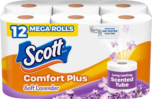 Scott ComfortPlus - Papel higiénico con tubo perfumado suave a lavanda, 12 mega rollos, 310 hojas por rollo, apto para fosas sépticas, papel