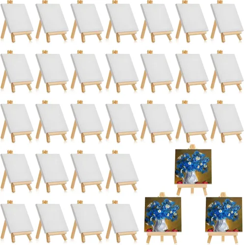 Mimorou Juego de 32 mini lienzos de 3 x 3 pulgadas con caballetes para pintar, regalos navideños, pequeños lienzos estirados para arte, paneles con