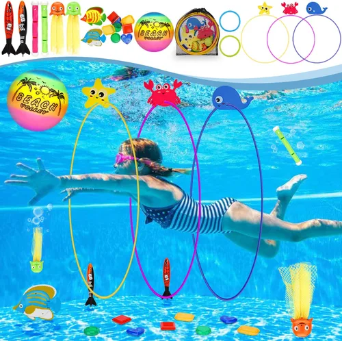 DAUXONE Juguetes de buceo, 27 piezas de juguetes de piscina con anillos de natación para niños de 3 a 12 años, palos de buceo, anillos, gema, pulpo,