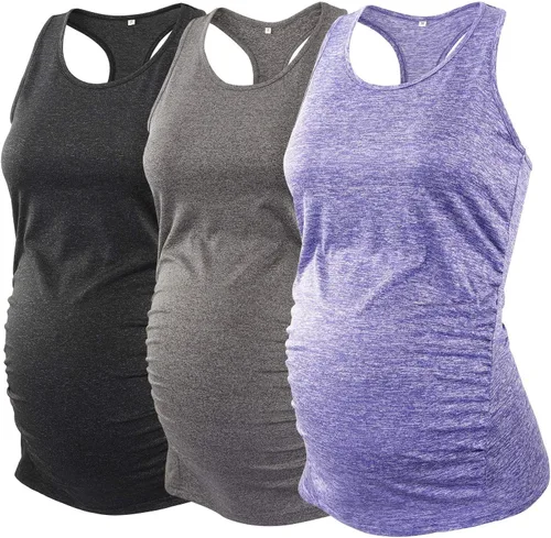 Ecavus 3 camisetas sin mangas de maternidad para mujer, sin costuras, espalda cruzada, entrenamiento, atlética, yoga, camiseta de embarazo