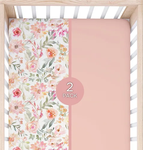 Miniatura 2 de Sábanas para cuna para bebé, paquete de 2 unidades, ropa de cama ultrasuave floral y rosa sólido para colchón de cuna y camas pequeñas, sábana