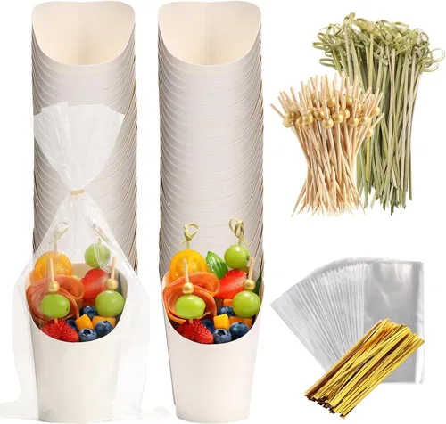 Miniatura 9 de 60 juegos de tazas desechables de charcutería con palillos y bolsas, 14 oz, cajas de aperitivos blancas de papel kraft, tazas para papas fritas