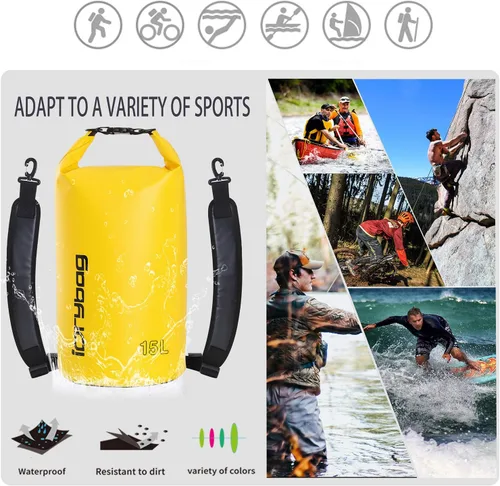 Miniatura 5 de IDRYBAG Bolsa seca para kayak impermeable 2L/5L/10L/15L/20L, pequeña bolsa impermeable para navegación Amarillo
