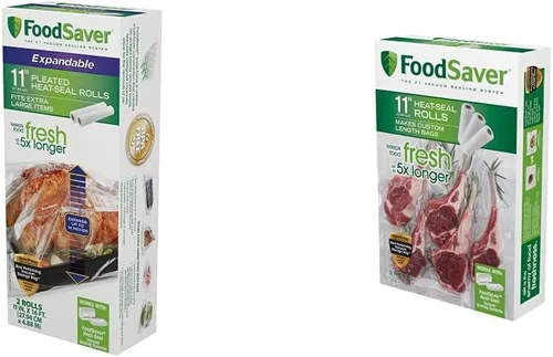 FoodSaver Bolsas selladoras al vacío, 11 pulgadas x 16 pies (paquete de 2) y bolsas selladoras al vacío, rollos para almacenamiento hermético de
