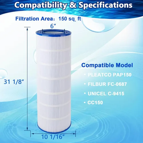 Miniatura 2 de Filtro de piscina CC150 compatible con CCRP150, R173216, Pleatco PAP150, Unicel C-9415, Ultral-C4, 59054300, Filbur FC-0687, 160317, 160355, 160352