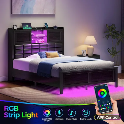 Miniatura 3 de Rolanstar Armazón de Cama Tamaño Twin con Estación de Carga, Cama con Cabecera Estantería con Luz LED y Puertas Corredizas, Cama de Plataforma