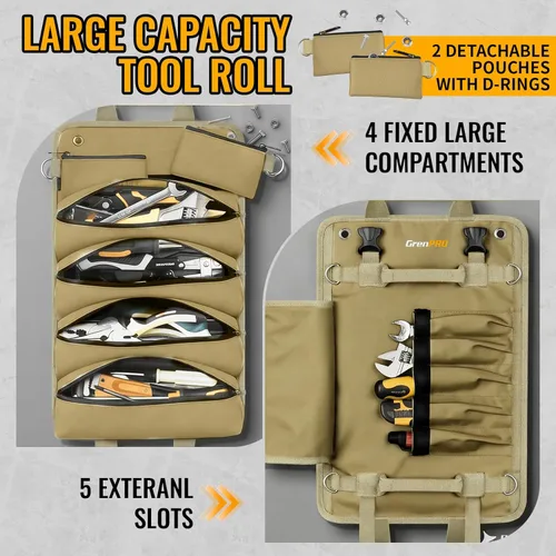 Miniatura 2 de GrenPRO Bolsa de herramientas enrollable, bolsa enrollable de herramientas con bolsas de herramientas desmontables, bolsa de herramientas enrollable