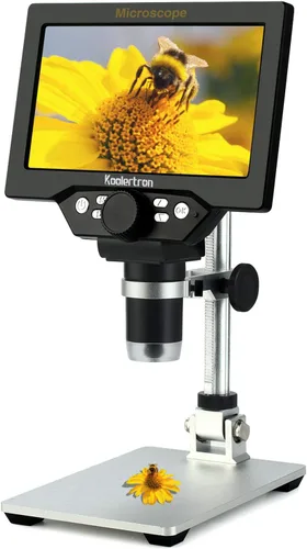 Koolertron Microscopio digital LCD de 7 pulgadas, 12MP 1-1200X aumento 1080P microscopio de moneda con pantalla, 8 luces LED, microscopio de batería