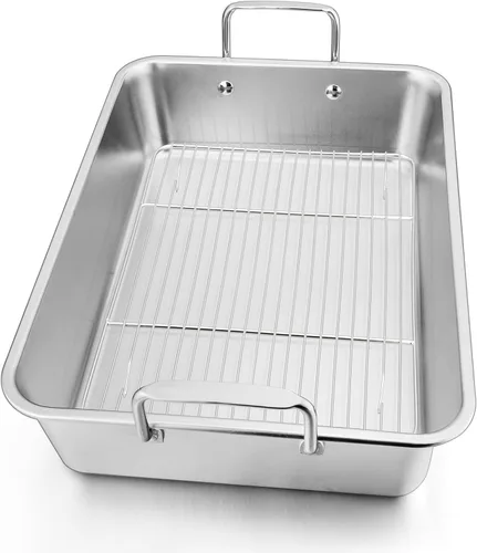 Leonyo - Sartén para asar pavo grande de 14 pulgadas con estante de alambre, sartenes antiadherentes para hornear para cocinar jamón, pollo, pastel,