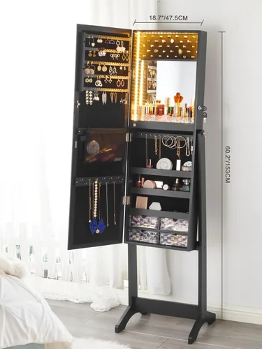 Miniatura 5 de LUXFURNI Armario de joyería con espejo de pie con luces LED, espejo de longitud completa con almacenamiento, armario de joyería con cerradura