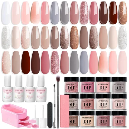 Miniatura 9 de AzureBeauty Kit de iniciación de polvo de inmersión para uñas, color azul, rojo, verde, purpurina, 31 piezas, 20 colores, polvo de inmersión