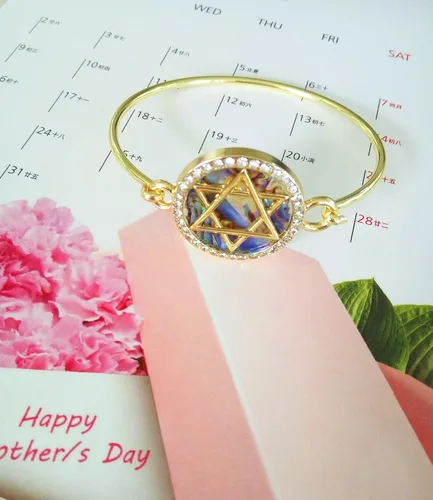 Miniatura 2 de MANZHEN Pulsera de cristal con diseño de estrella de David de abulón con dije judío