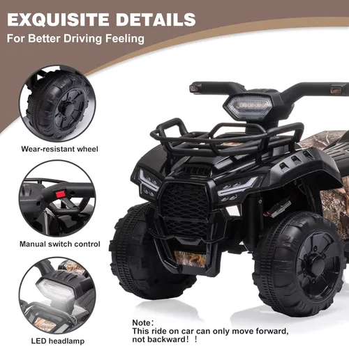 Miniatura 2 de ATV montable para niños, vehículo eléctrico para niños con batería de 6V, cuatrimoto de 4 ruedas con faros, MP3, USB, control de volumen, asiento