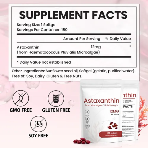 Miniatura 6 de Suplemento de astaxantina de 12 mg, 180 cápsulas blandas, suministro para 6 meses Antioxidante natural de microalgas frescas para la salud
