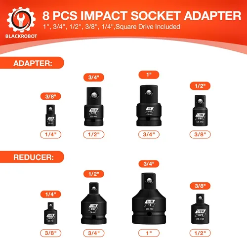 Miniatura 2 de BLACKROBOT Juego de 8 adaptadores de enchufe de impacto, juego de adaptadores de enchufe de 1” 3/4” 1/4" 3/8" 1/2", juego de adaptador cuadrado