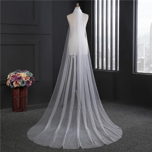 Miniatura 4 de TENDYCOCO Velo largo de boda de una sola capa suave tul catedral capilla piso velos con peine, Blanco