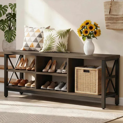 Miniatura 13 de FATORRI Banco con almacenamiento para zapatos para entrada, bancos de madera con puerta abatible y cajones, gabinete organizador de zapatos