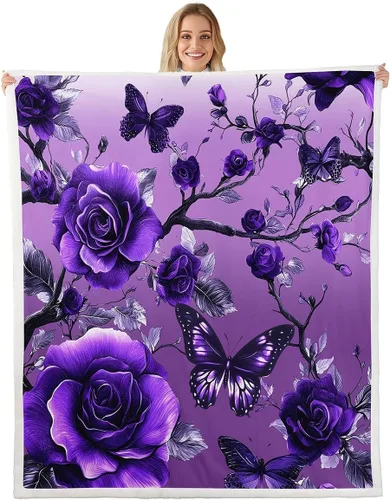 Miniatura 8 de Manta de franela azul rosa para todas las estaciones, manta de cama gótica de mariposa para decoración del hogar kawaii, manta rústica con flores