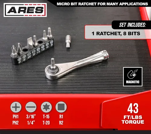 Miniatura 2 de Destornillador de torque con rueda dentada de 1/4" ARES 70040 este mini destornillador tiene un cabezal de torque de 72 dientes, 5º movimiento