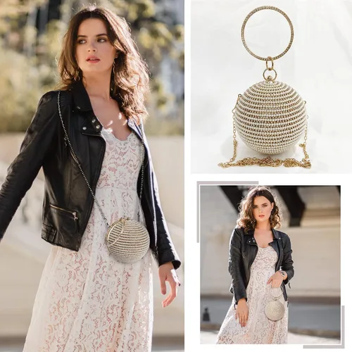 Miniatura 7 de Bolso de noche para mujer, bolso de mano redondo con cuentas de perlas, bolso de mano con diamantes de imitación
