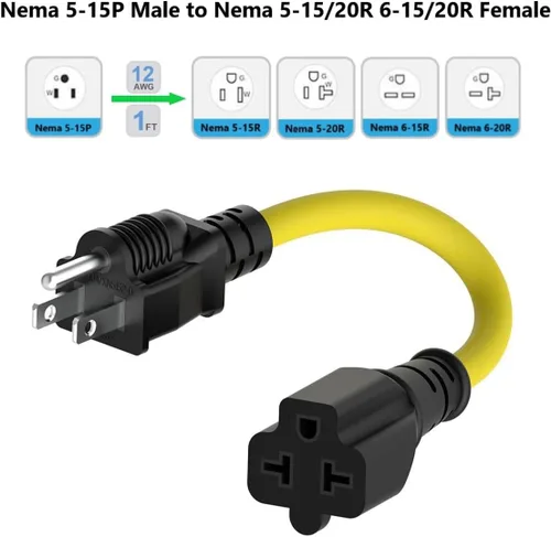 Miniatura 2 de Cable adaptador de clavija de CA para el hogar de 1 pie de 15 amperios a 20 amperios T Blade Cable adaptador 12AWG Nema 5-15P a 5-20R, cable