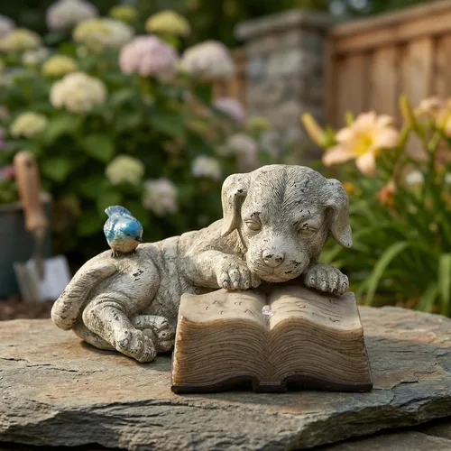 Miniatura 9 de Topadorn Estatua de jardín solar para cachorros con libro LED brillante, perro de resina pintado a mano con pájaro azul, decoración de patio al aire