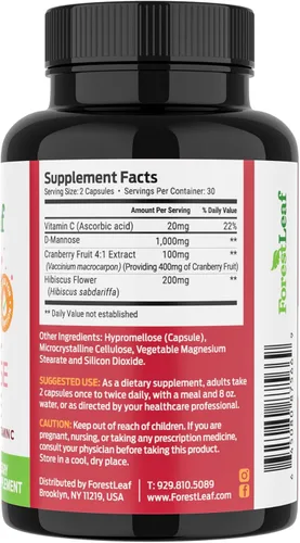 Miniatura 8 de Cápsulas de D-manosa de 1000 mg de ForestLeaf - D-Manosa con arándano rojo, hibisco y vitamina C, salud del tracto urinario para mujeres y hombres