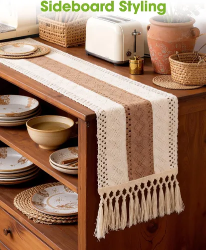 Miniatura 6 de Pureegg Camino de mesa bohemio de granja – 48 pulgadas, diseño de borla tejida con textura de lino para decoración de mesa de comedor, cocina, mesa