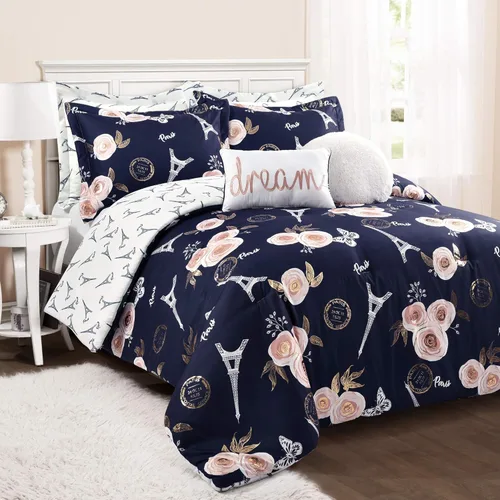 Lush Decor Juego de edredón reversible vintage de 7 piezas con diseño de mariposa y rosas de París, tamaño matrimonial/queen, azul marino, juego de