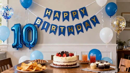 Miniatura 2 de Decoraciones de cumpleaños número 10, color azul para niños y niñas, pancarta de feliz cumpleaños número 10, globos de papel de aluminio de látex 10º