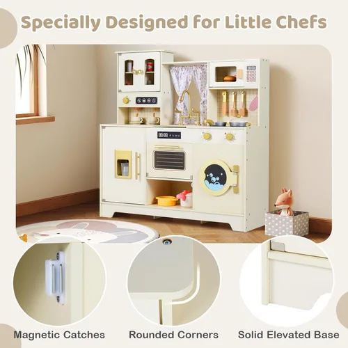Miniatura 8 de Costzon Cocina de Juego para Niños, Set de Juego de Cocina de Juguete de Madera con Máquina de Hielo, Cafetera, Lavadora, Cortina, Microondas