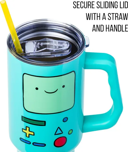 Miniatura 2 de Silver Buffalo Adventure Time With BMO - Vaso de acero inoxidable de doble pared con asa y pajilla, cabe en portavasos estándar, 40 onzas