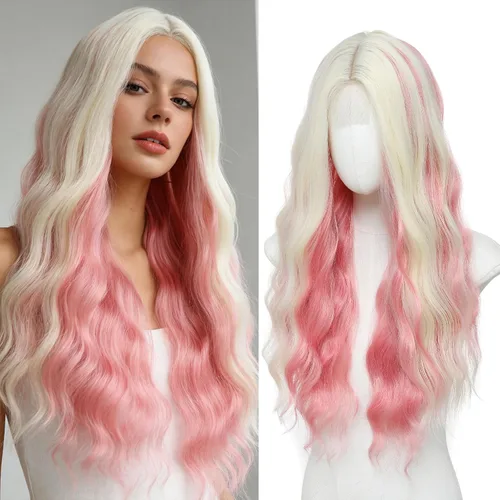 Miniatura 22 de YBYMCAI - Peluca azul larga y ondulada para mujer, parte media, peluca azul degradada de 26 pulgadas, pelo natural rizado sintético, fibra Azul