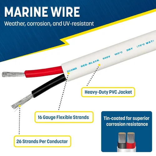 Miniatura 2 de GS Power 50 pies Alambre dúplex marino, alambre calibre 16, cable eléctrico para barco de cobre estañado libre de oxígeno 16 AWG, cable eléctrico