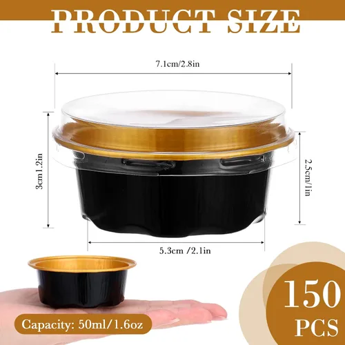 Miniatura 2 de Eaasty 150 tazas para hornear con tapas, forros para magdalenas de 1.6 onzas, papel de aluminio, mini moldes para tartas, pequeños recipientes Negro