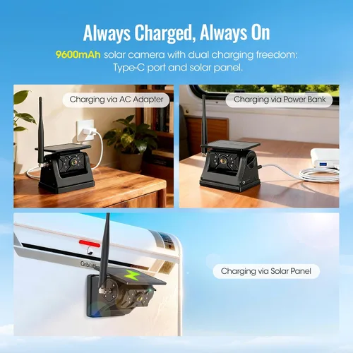 Miniatura 6 de Sistema de cámara de respaldo inalámbrico solar magnético, pantalla táctil IPS de 7 pulgadas con DVR, cámaras de visión trasera IR recargables