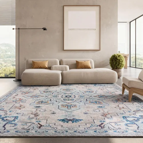 Miniatura 69 de Safavieh Madison Collection (MAD473M) Tapete redondo de 4 pies, azul y azul claro, diseño chic y bohemio desgastado de medallón, no pierde fibras