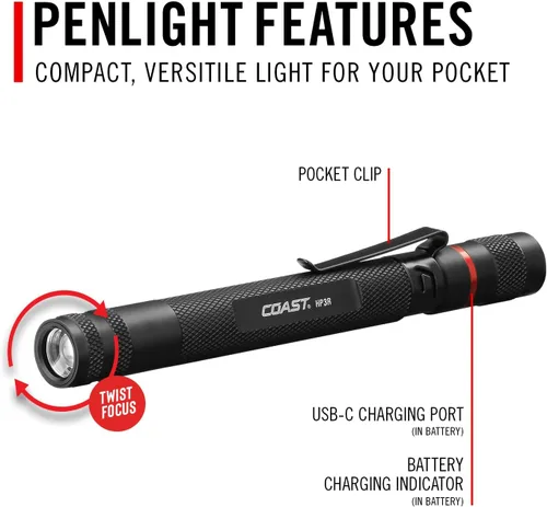Miniatura 8 de COAST HP3R - Linterna LED recargable de 500 lúmenes con enfoque giratorio, color negro