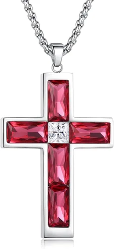 Miniatura 9 de Collar de cruz con piedra de nacimiento para hombre, collar de cruz de acero inoxidable 316L con colgante de cruz de circonia cúbica para mujer