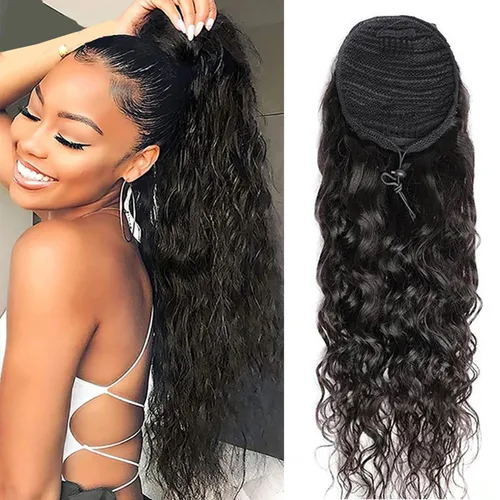 Miniatura 15 de Cola de caballo de cabello humano rizado con cordón brasileño Remy Extensin 3C Kinky Curly Hair Clip en pieza de pelo color natural sedoso suave 10
