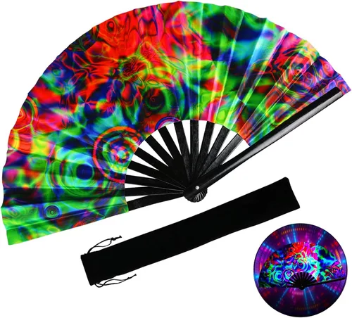 Ventilador plegable grande para rave, ventilador plegable de bambú chino japonés con brillo UV, ventilador de mano para baile, música, festival,