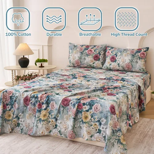Miniatura 8 de Juego de sábanas de cama floral azul 100% algodón percal tamaño King, diseño vintage chic shabby, con patrón de peonía, ropa de cama suave y Monet