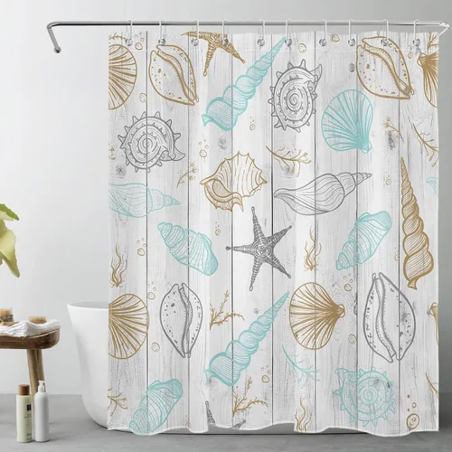 EOBTAIN Cortina de ducha náutica costera, diseño de estrella de mar y corales sobre tablero de madera vintage, cortina de ducha para baño, playa,