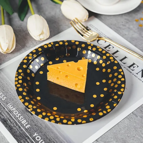 Miniatura 7 de Lullaby 200 piezas de platos de papel negros, plato de papel negro y dorado, 100 piezas de platos de cena de 9", 100 piezas de platos de postre