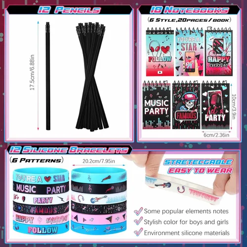 Miniatura 3 de Jexine El kit de 128 piezas de suministros para fiestas musicales incluye 12 pulseras de silicona, 12 llaveros, 12 insignias, 12 lápices, 12 bolsas