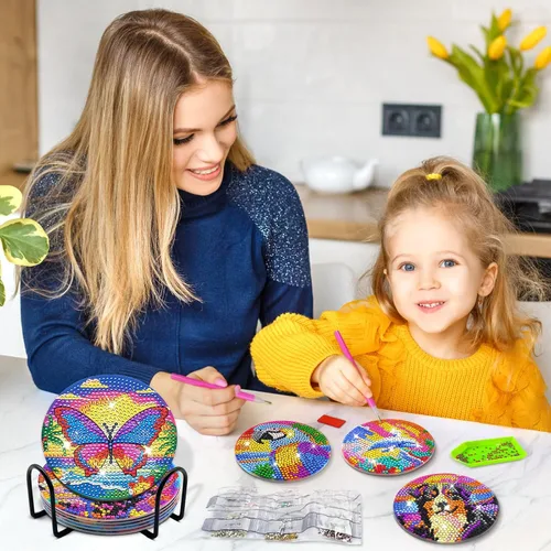 Miniatura 7 de FILASLFT Kit de posavasos de arte de diamantes con soporte, paquete de 8 diseños de animales, redondo de 3.9 pulgadas, incluye almohadillas